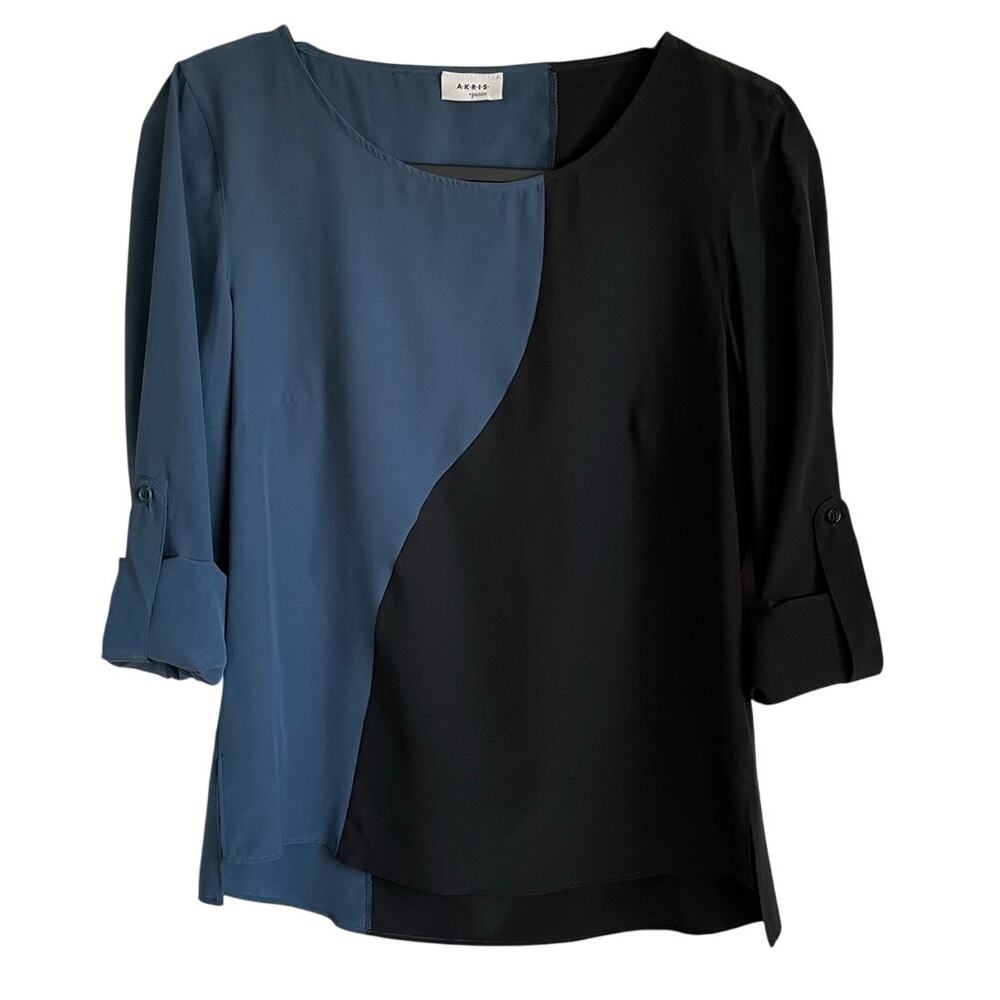 Akris Punto 100% Silk Colorblock Blouse Sz 6 Blue Black Roll Tab Sleeve Designer